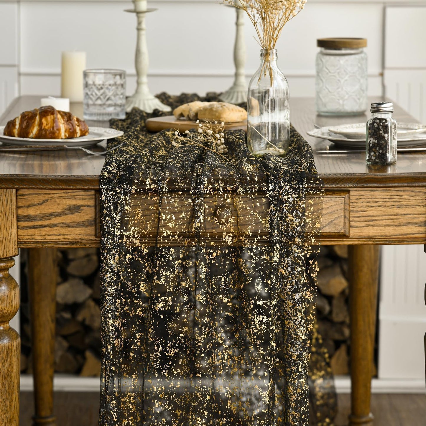 Artoid Mode Beige Gold Gauze Table Runner 120 Inch 10FT, Glitter Metallic Foil Sheer Dining Wedding Anniversary Holiday Birthday Table Decor for Home Party