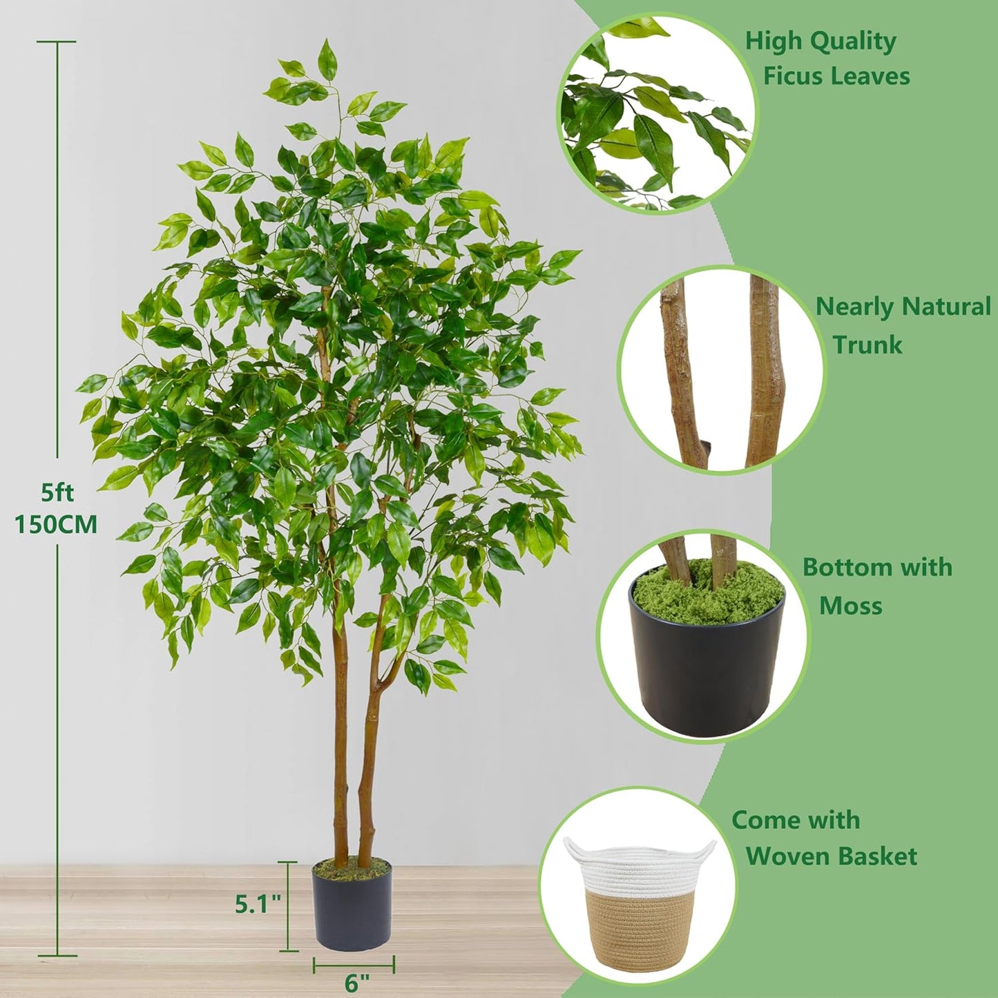 Warmplants Artificial Ficus Tree, 7ft Silk Fake Ficus Leaves Plant with Basket, Indoor Outdoor Faux Green Tree for Home Garden Office House Livingroom Décor