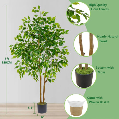 Warmplants Artificial Ficus Tree, 7ft Silk Fake Ficus Leaves Plant with Basket, Indoor Outdoor Faux Green Tree for Home Garden Office House Livingroom Décor