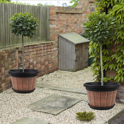 Quarut 4 Pack 10 inch Plant Pots,Upgrade Whiskey Barrel Planters with Drainage Holes & Saucer,Plastic Decoration Flower Pots Retro Design,Planters for Outdoor Indoor Garden Home Plants (Brown)