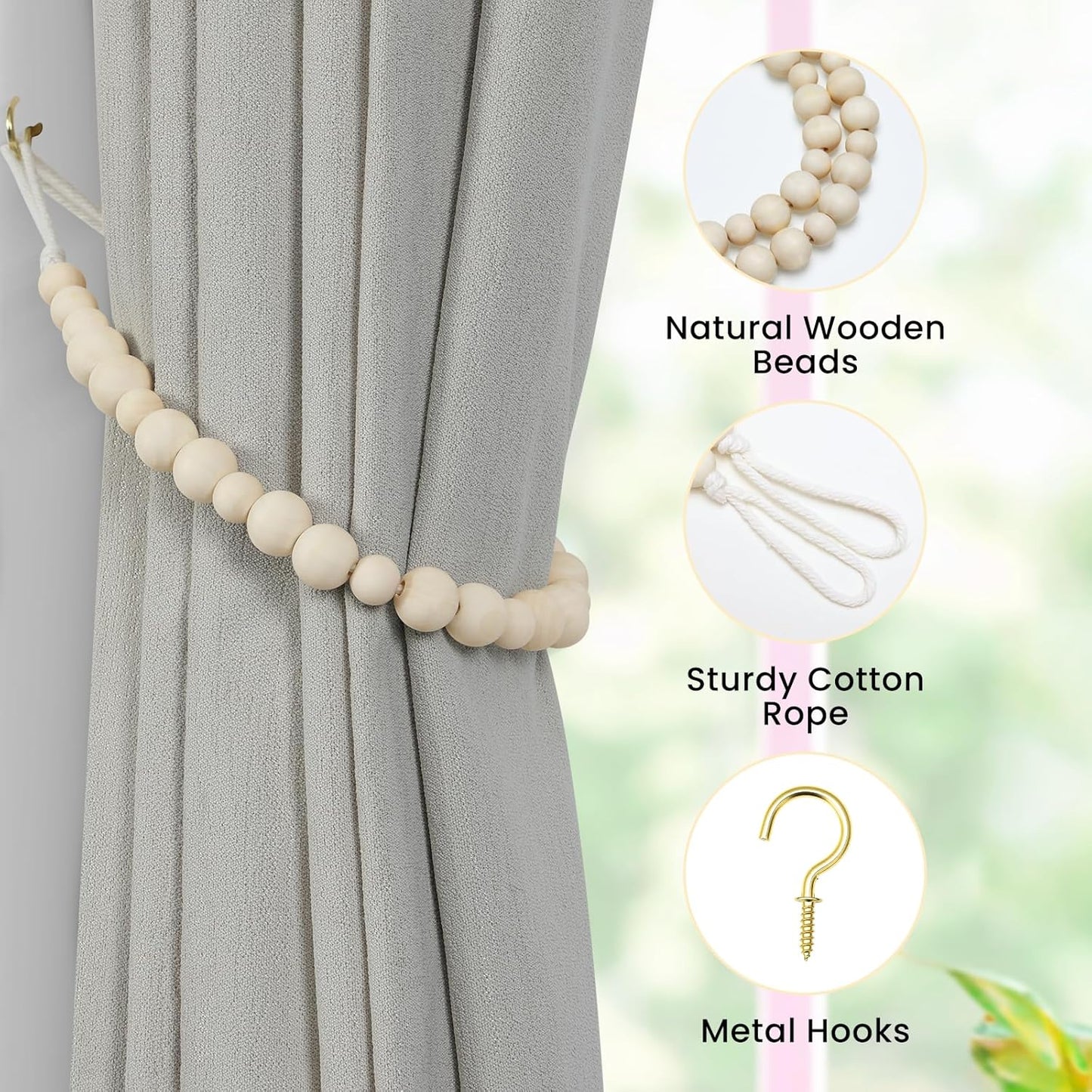 Wood Bead Curtain Tiebacks, KLOGTSIND Set of 2 Curtain Holdbacks for Thin or Thick Window Draperies, Boho Farmhouse Curtain Tiebacks with Hooks, Curtain Tie Backs for Home Office Room Decor