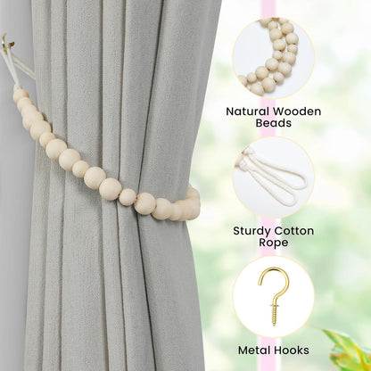Wood Bead Curtain Tiebacks, KLOGTSIND Set of 2 Curtain Holdbacks for Thin or Thick Window Draperies, Boho Farmhouse Curtain Tiebacks with Hooks, Curtain Tie Backs for Home Office Room Decor