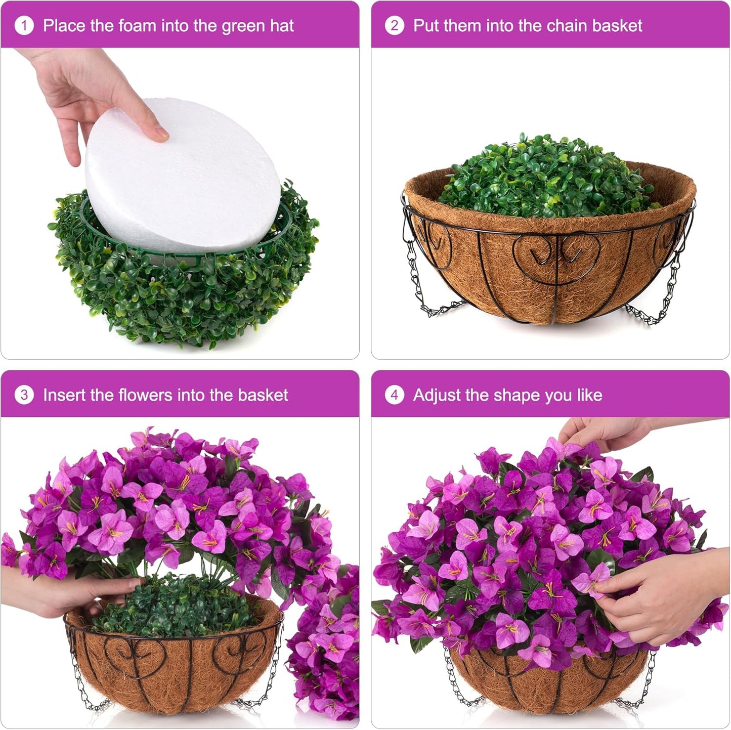 Artificial Hanging Flowers Faux Plants Basket for Outdoors Spring Summer Decor, Fake Silk Bougainvillea in Planter Outdoor Look Real UV Resistant Faux Flower for Outside Porch Patio Garden Home, White