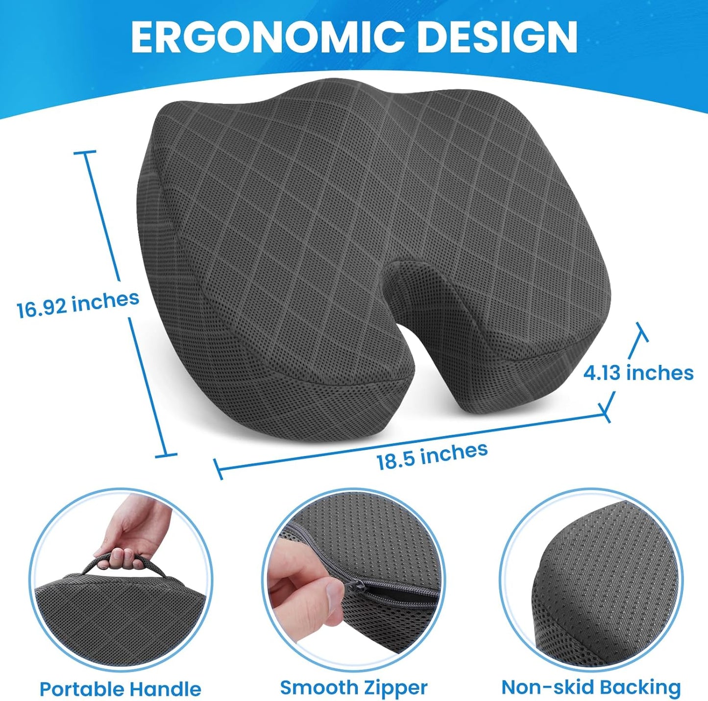 TushGuard Seat Cushion - Memory Foam Cushion for Office Chair, Car Seat, Airplane, Bleacher - Sciatica & Hip & Coccyx Pain Relief Desk Chair Cushion for Long Sitting Office Workers, Car Drivers