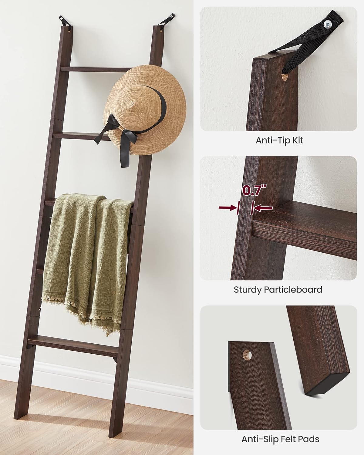VASAGLE Blanket Ladder Decorative Farmhouse for The Living Room, 5-Tier Ladder Shelf, Ladder Rack for Storage and Decor, Honey Brown ULLS018K41