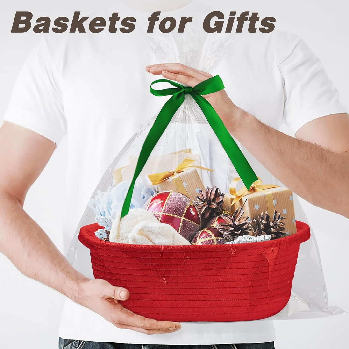 Pro Goleem Small Woven Basket with Gift Bags and Ribbons Durable Baskets for Mothers Day Gifts Empty Small Rope Basket for Storage 12"X 8" X 5" Baby Toy Baskets with Handles, White