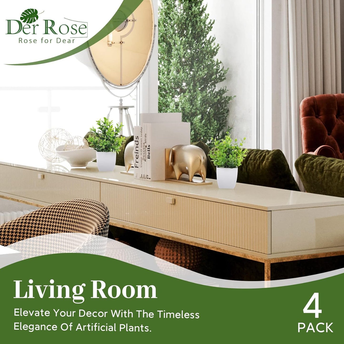 Der Rose 4 Pack Fake Plants Mini Artificial Greenery Potted Plants for Home Decor Indoor Office Table Room Farmhouse Bathroom Decor