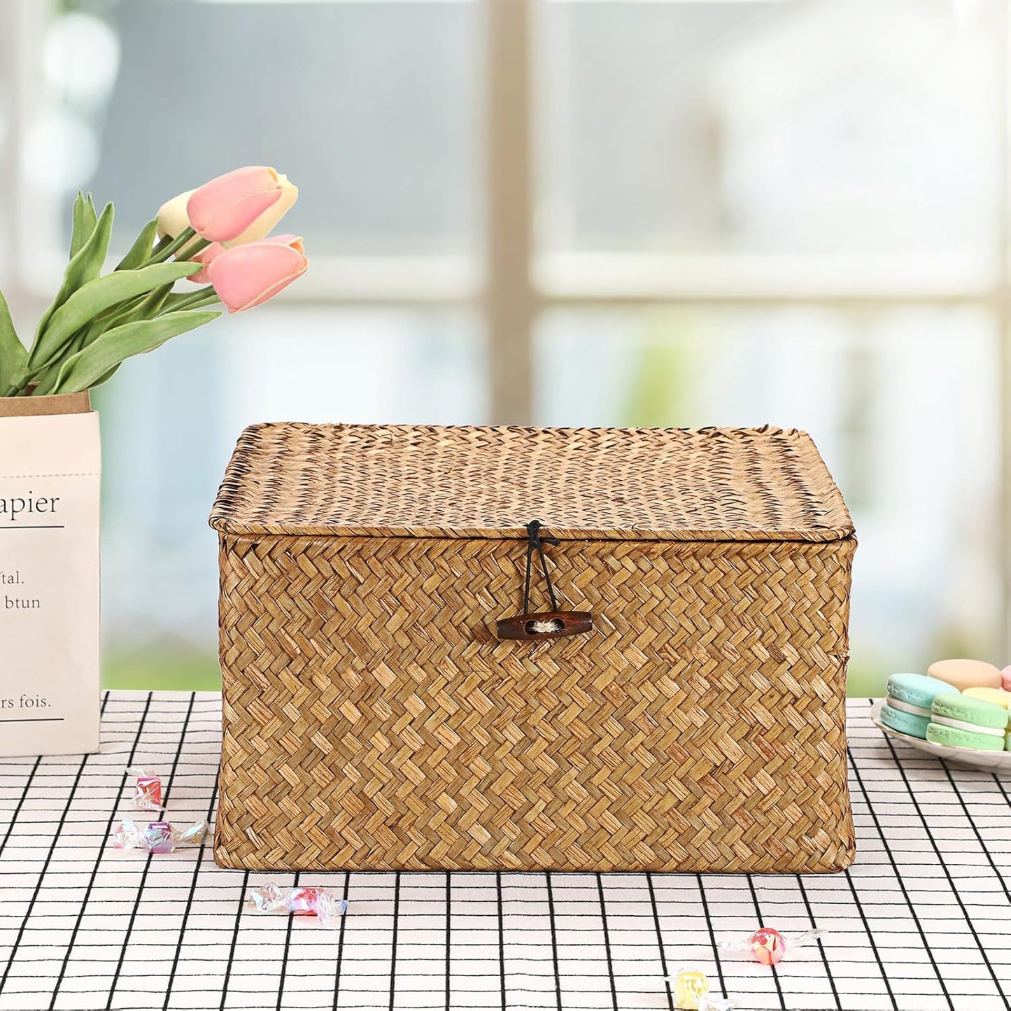 Hipiwe Seagrass Basket with Lid Wicker Storage Basket Square Handwoven Decorative Baskets Box for Shelf Multipurpose Household Baskets Home Decor,X-small