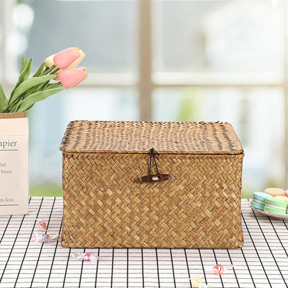 Hipiwe Seagrass Basket with Lid Wicker Storage Basket Square Handwoven Decorative Baskets Box for Shelf Multipurpose Household Baskets Home Decor,X-small