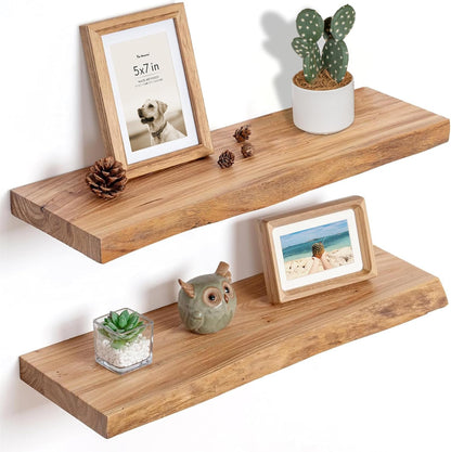 Floating Shelves 36 Inches Long - 8 Inch Deep Rustic Premium Solid Pine Wood for Storage - Farmhouse Wall Mounted for Living Room - Heavy-Duty Metal Bracket - 36" W x 8" D - Set of 2 - White Color