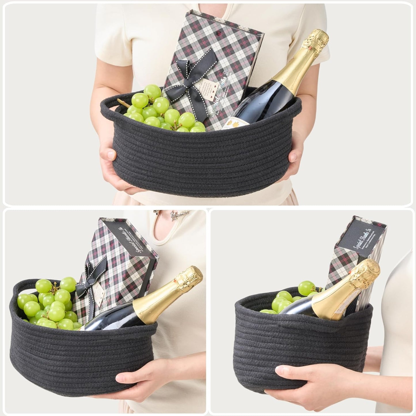 Small Woven Gift Basket Empty with Bag & Ribbon - Gifts for Mom, Baby Shower, Birthdays & Raffle - Cotton Rope Storage Basket for Dog Toys or Shelf - 12"x8"x5", White