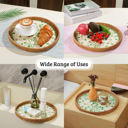 Round Rattan Tray with Mother of Pearl Inlay, Decorative Wicker Serving Tray with Wooden Base, Woven Basket Trays for Bread Fruits Coffee, Leaf