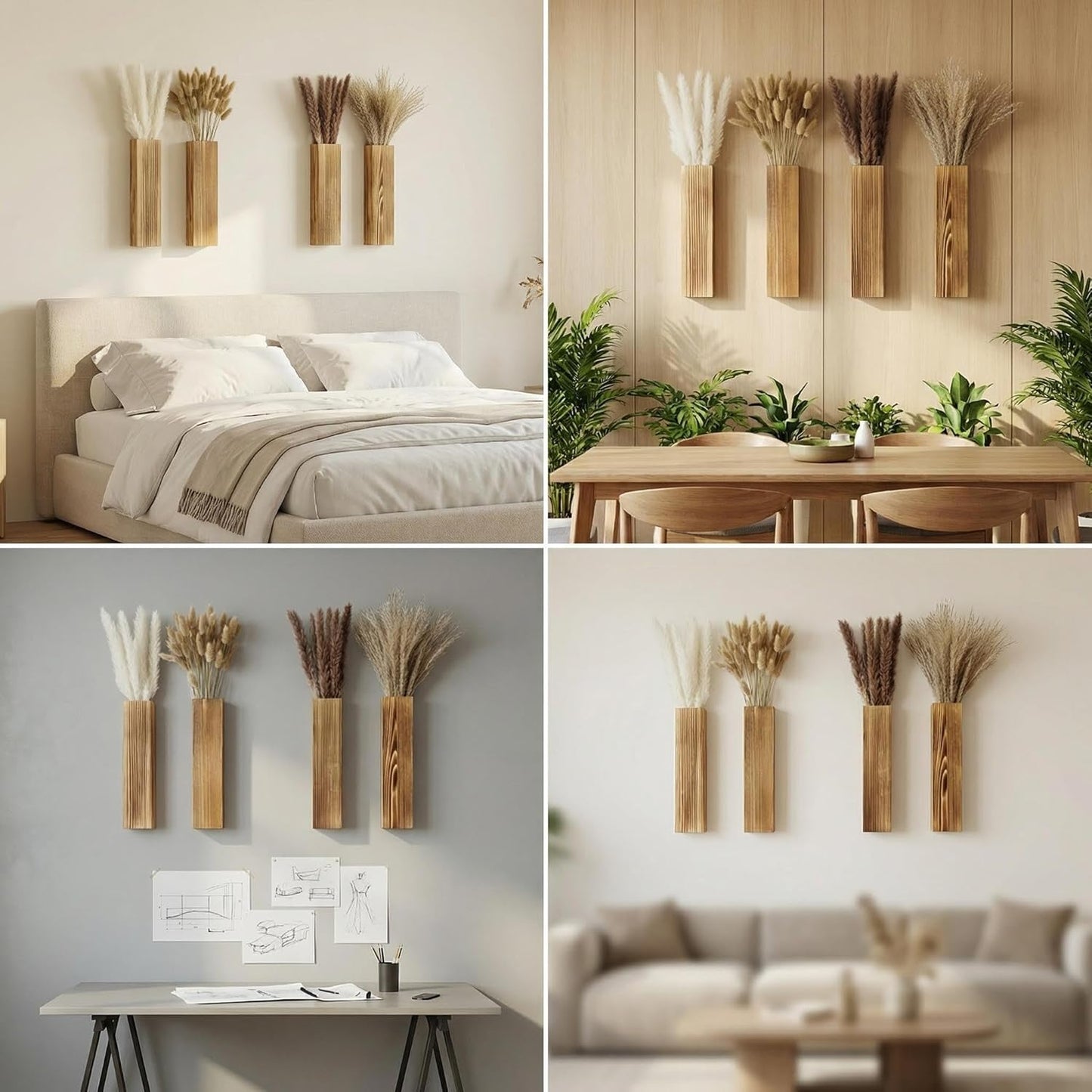 Wooden Wall Planter Set of 4 - Modern Home Decor for Living Room, Bedroom, Bathroom - Walnut Finish Planter for Dried Flowers, Faux Greenery, Indoor Plants