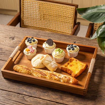16.5 x 12 Inches Acacia Wood Serving Tray, Large Wooden Food Trays with Handles, Coffee Table Tray for Ottoman, Charcuterie, Parties, Eating, Snack, Decor, Outdoor Kitchen Counter Bandeja De Madera