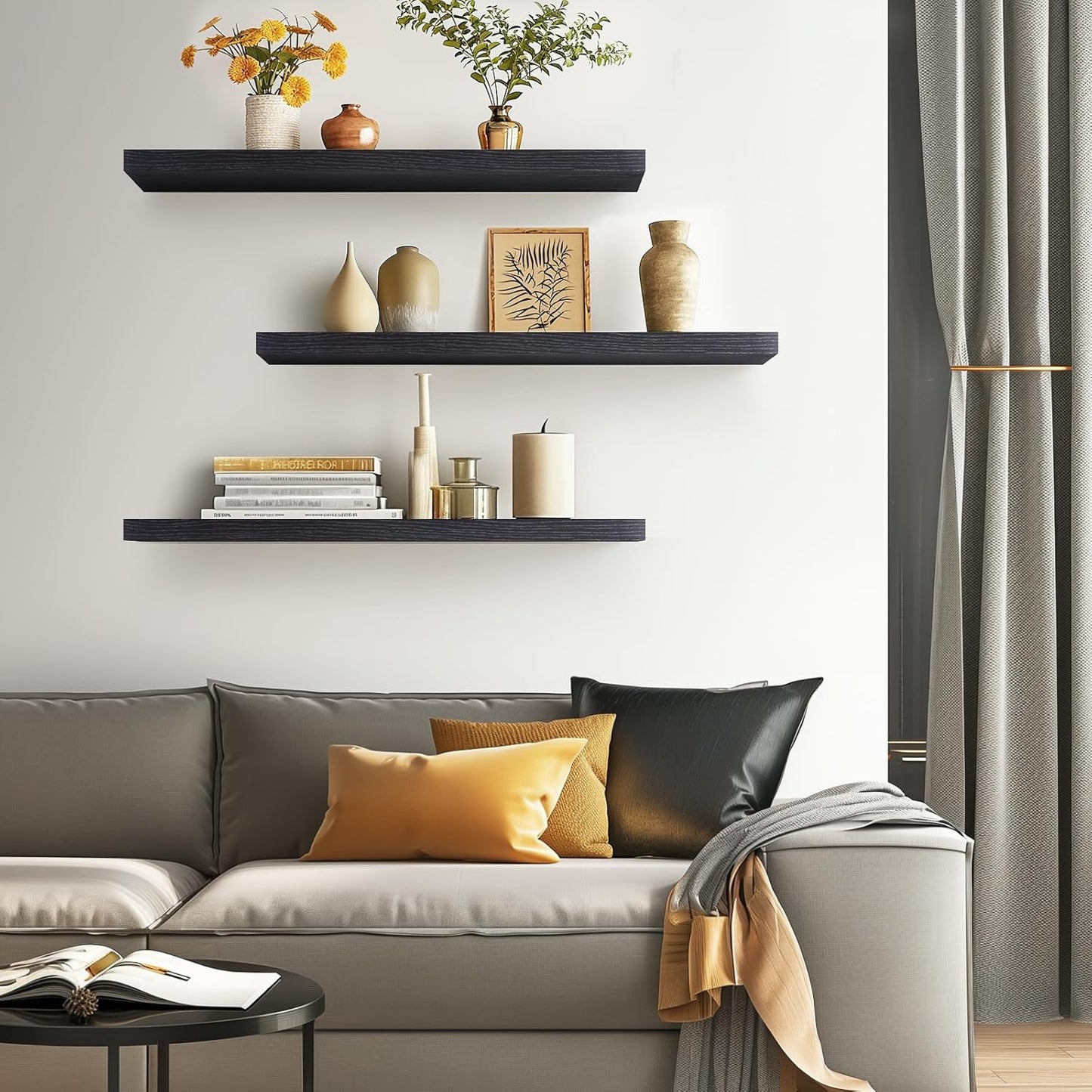 BAYKA Floating Shelves for Wall, Set of 3, Wall Mounted Rustic Wood Shelves for Bathroom, Bedroom, Living Room, Kitchen, Small Hanging Shelf for Books/Storage/Room Decor, Walnut-Like, 15.7in