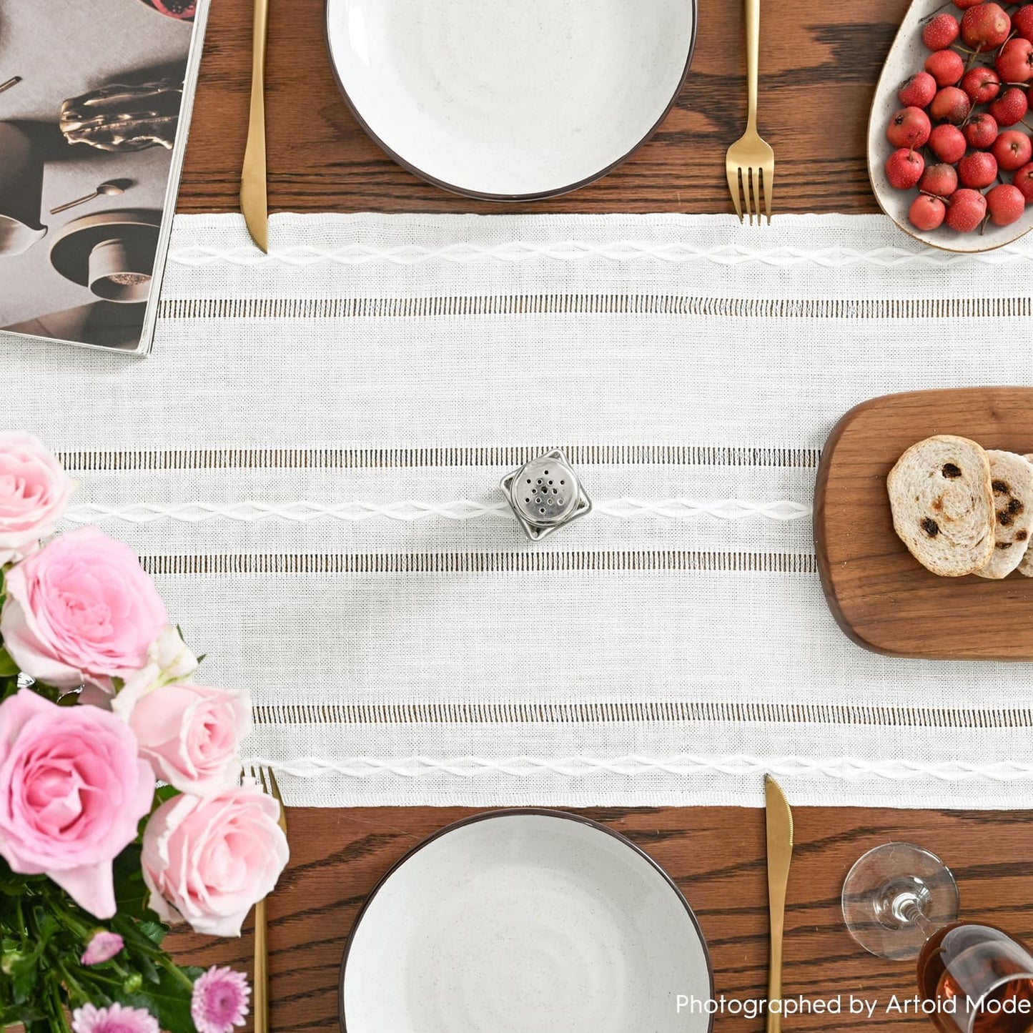 Artoid Mode Beige Rustic Cotton Linen Table Runner, Seasonal Embroidered Hollow Kitchen Dining Table Decoration for Home Party Decor 13x72 Inch