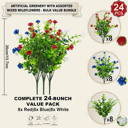 Hananona 12 Pcs Artificial Flowers Outdoor, Faux Artificial Plants UV Resistant Plastic Flower Bulk for Hanging Planter Porch Window Home Wedding Fall Summer Decor (12, Fuchsia, Purple, Yellow, Green)