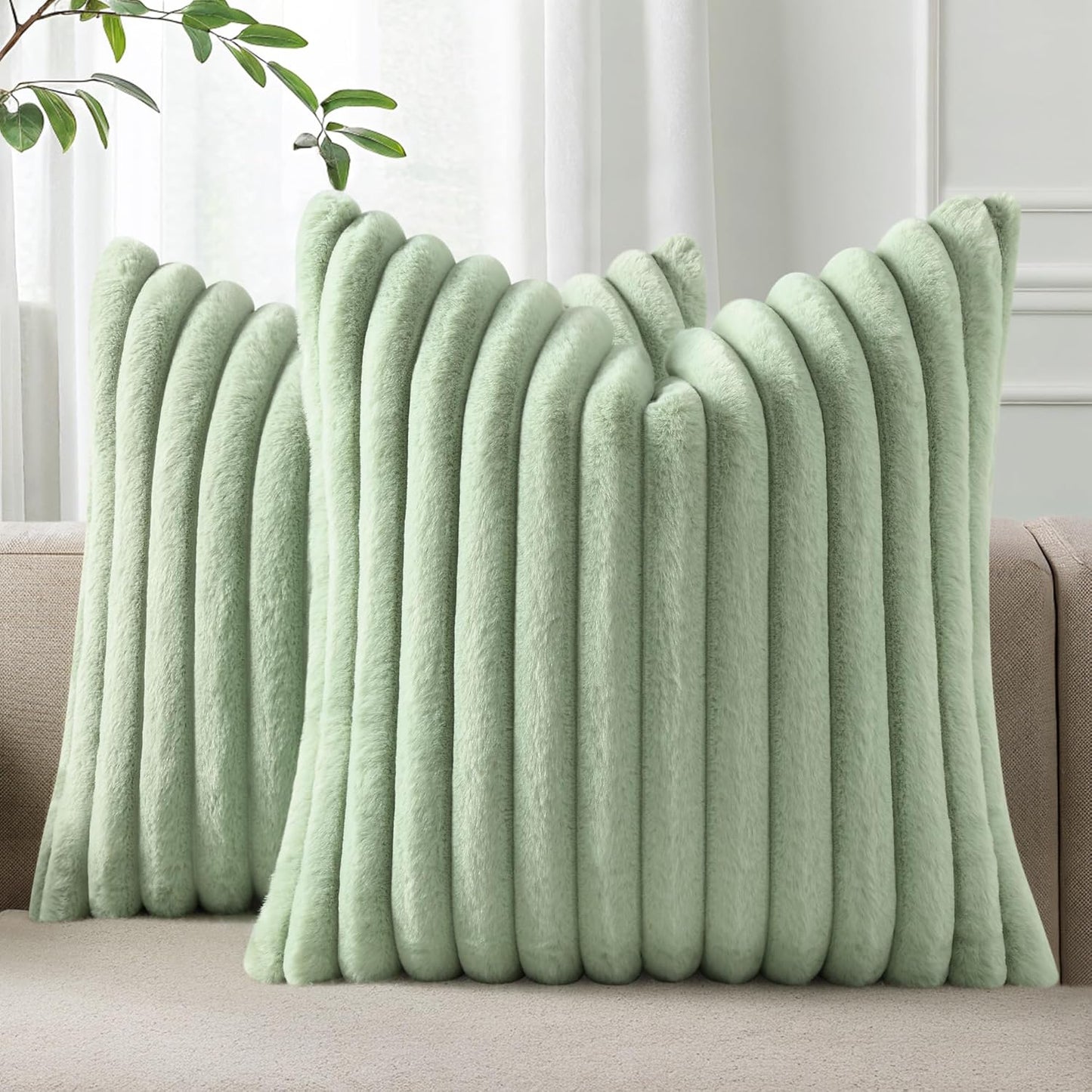 Pallene Faux Fur Plush Throw Pillow Covers 18x18 Set of 2, Luxury Soft Fluffy Striped Decorative Pillow Covers for Sofa, Couch, Living Room, Cream White