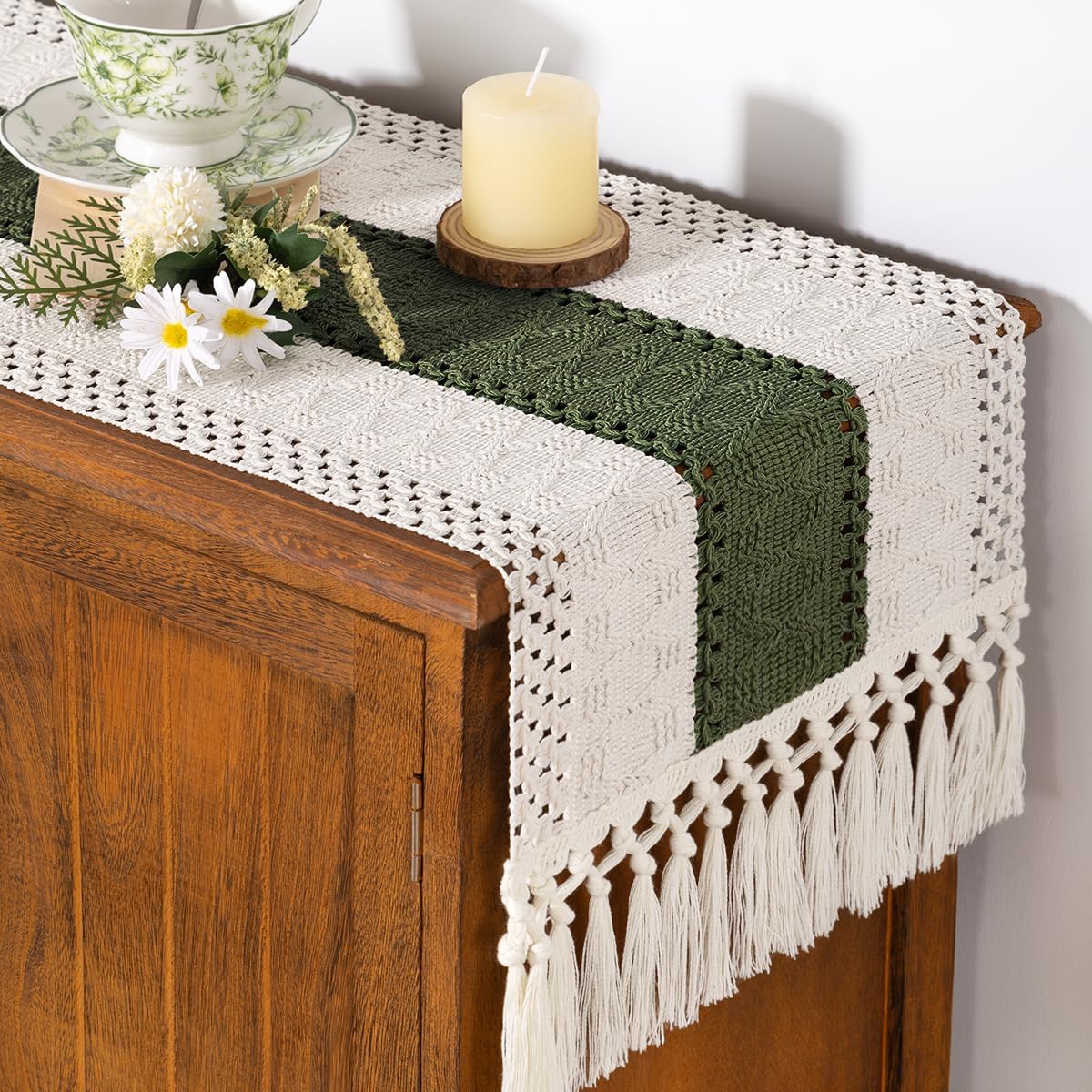 Socomi Boho Table Runner Summer Farmhouse Rustic Dining Kitchen Centerpiece Decor Small Macrame Woven Cotton Linen Coffee Table Runner for Dresser Scarf Home Decor 12x36 inch Beige