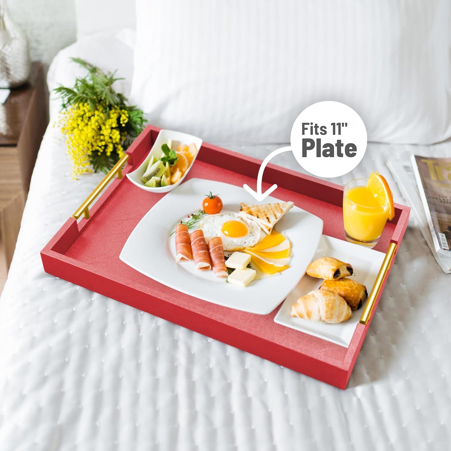 ATZYmolin 17" x 12" Wood Serving Tray with Gold Polished Metal Handles, Home Decorative Wooden Rectangle Ottoman Leather Decor Platter Bathroom Vanity Tray for All Occasions White