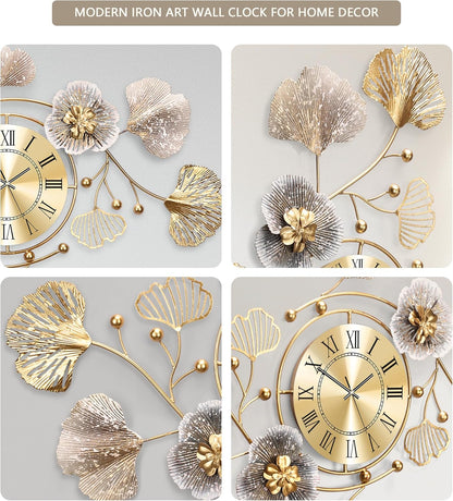 Clocks for Living Room, Large Wall Clock, 3D Silent Wall Clock, Retro Metal Ginkgo Leaf Design, for Bedroom Kitchen Decorative Wall Clocks（32''x18'' ）