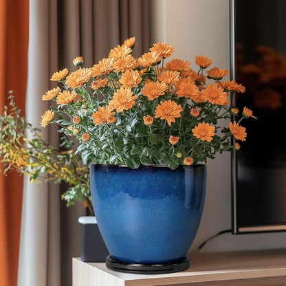 10 Inch Ceramic Planter Pot Round Plant Pot for Indoor Plants Outdoor Large Flower Pot with Drainage Hole and Saucer Blue