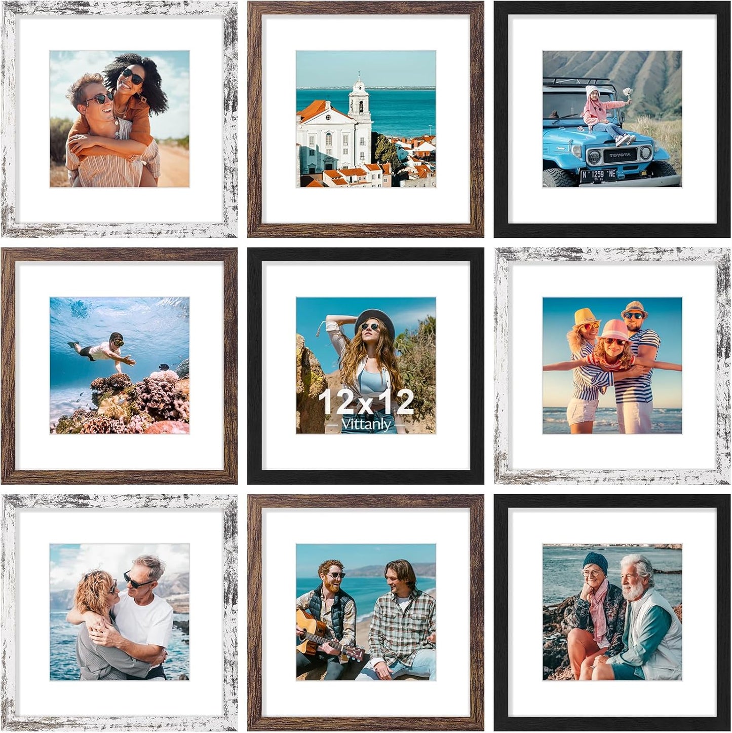 Vittanly 8x10 Picture Frames Set of 9, Shatter Resistant Plexiglass, Display 5x7 Pictures with Mat or 8x10 without Mat, Photo Frames for Wall or Tabletop, Engineered Wood, Black - Colors B