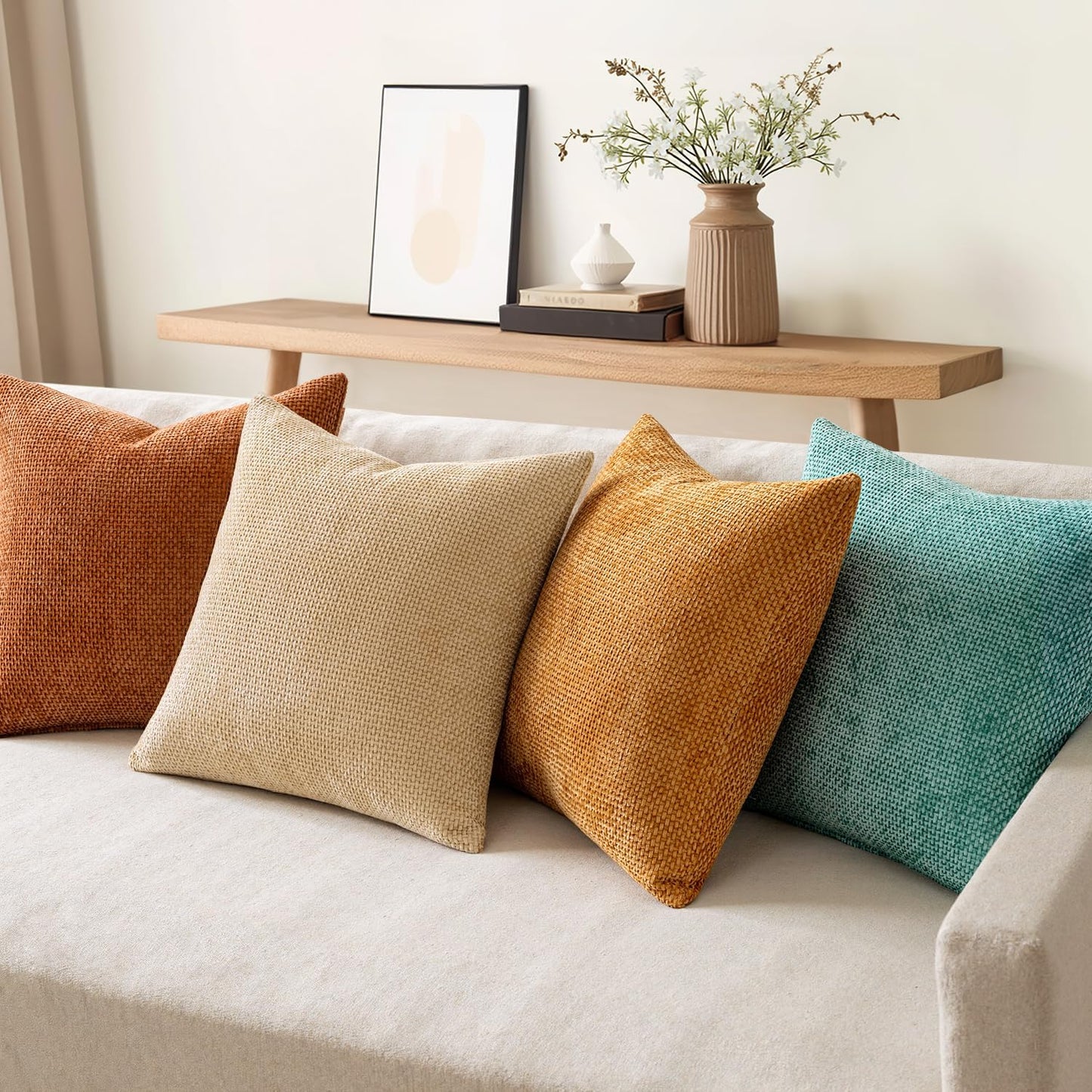 MIULEE Pack of 4 Couch Throw Pillow Covers 18x18 Inch Neutral Soft Decorative Chenille Pillow Covers Farmhouse Boho Cushion Covers for Mid Century Modern Spring Home Decor Sofa Bedroom Living Room
