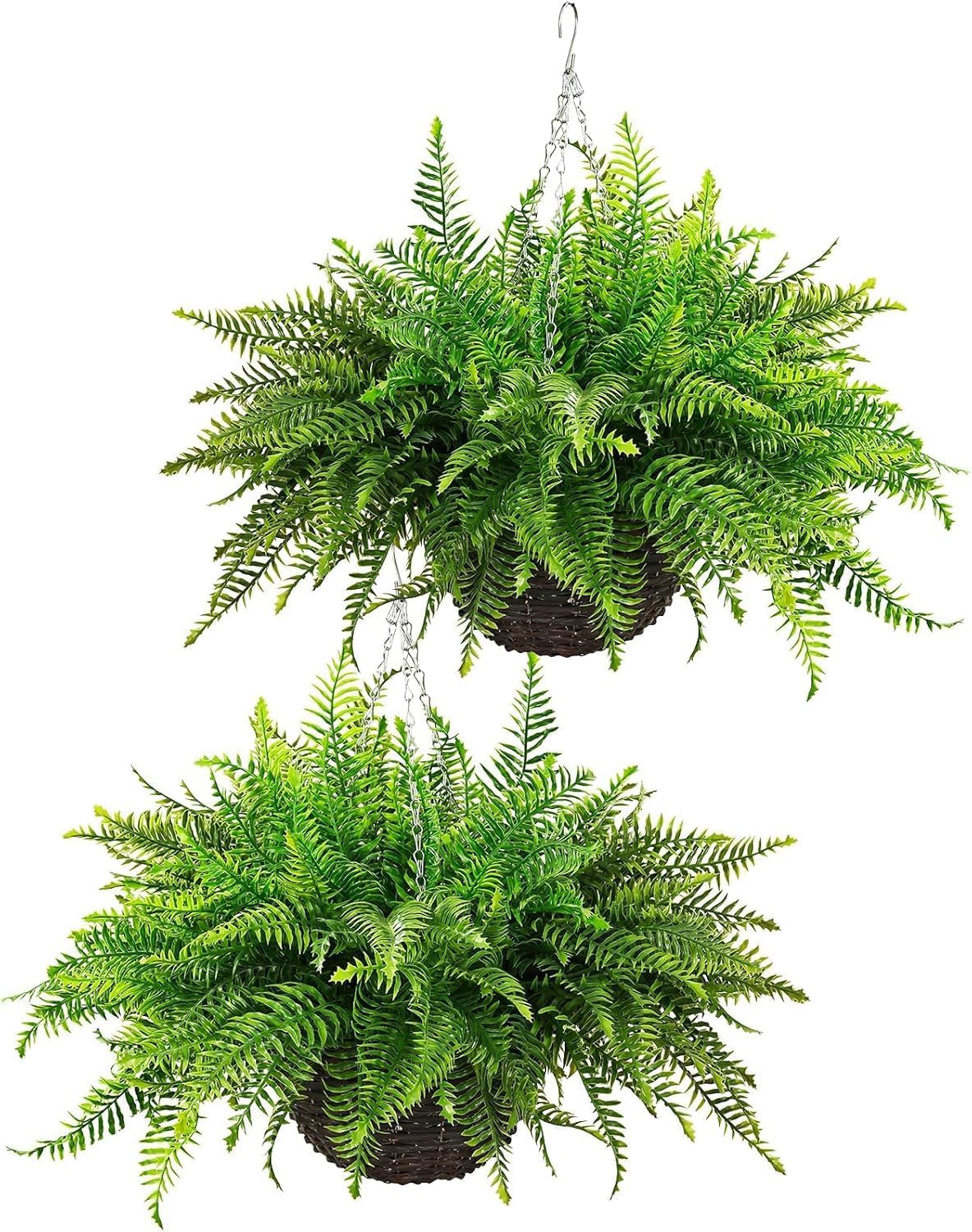 Outdoor Fake Hanging Fern – Artificial Hanging Ferns 2 Pack, Large Faux Boston Fern Bushes, UV Resistant Outdoor Hanging Plants for Front Porch, Patio & Indoor Decor