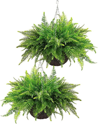 Outdoor Fake Hanging Fern – Artificial Hanging Ferns 2 Pack, Large Faux Boston Fern Bushes, UV Resistant Outdoor Hanging Plants for Front Porch, Patio & Indoor Decor