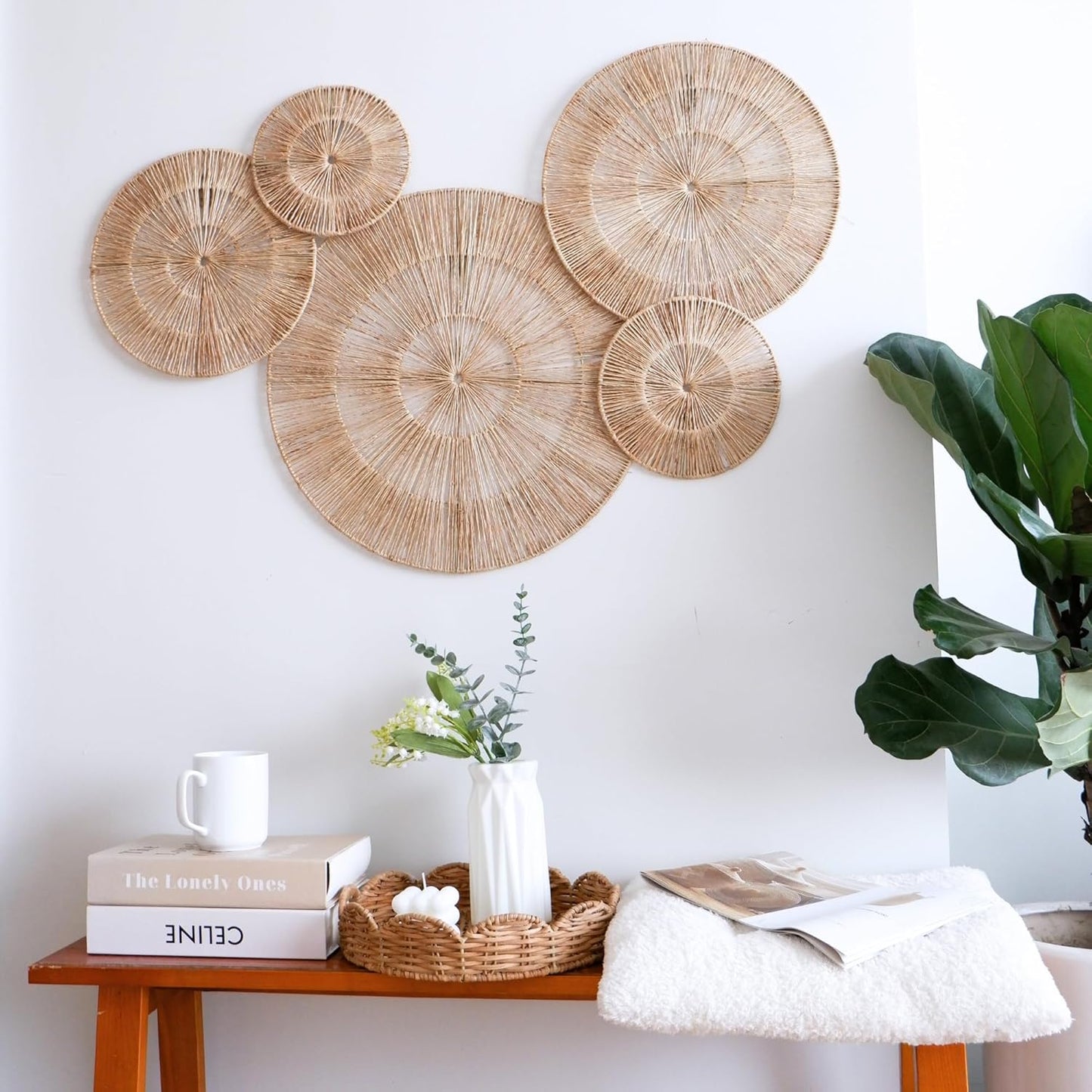 CHI AN HOME Wicker 23 Inch Jute Wall Decor Baskets, Set of 6 Extra Large Woven Jute Wall Plates, 23",21",15",13",12,10", Decorative Baskets for Wall Arts, Wall Hanging for Bedroom, Living Room, Office