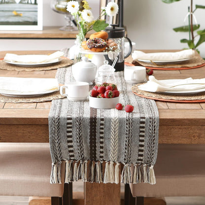 DII Farmhouse Braided Stripe Table Runner Collection, 15x72 (15x77, Fringe Included), Black