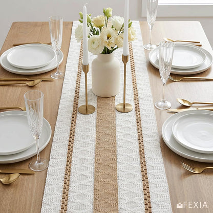 FEXIA Boho Table Runner for Thanksgiving Fall Christmas Home Decor with Tassels 72 Inches Long Pottery barn Furniture Farmhouse Rustic Macrame Burlap Table Decoration for Living Room (12x72 Inches)