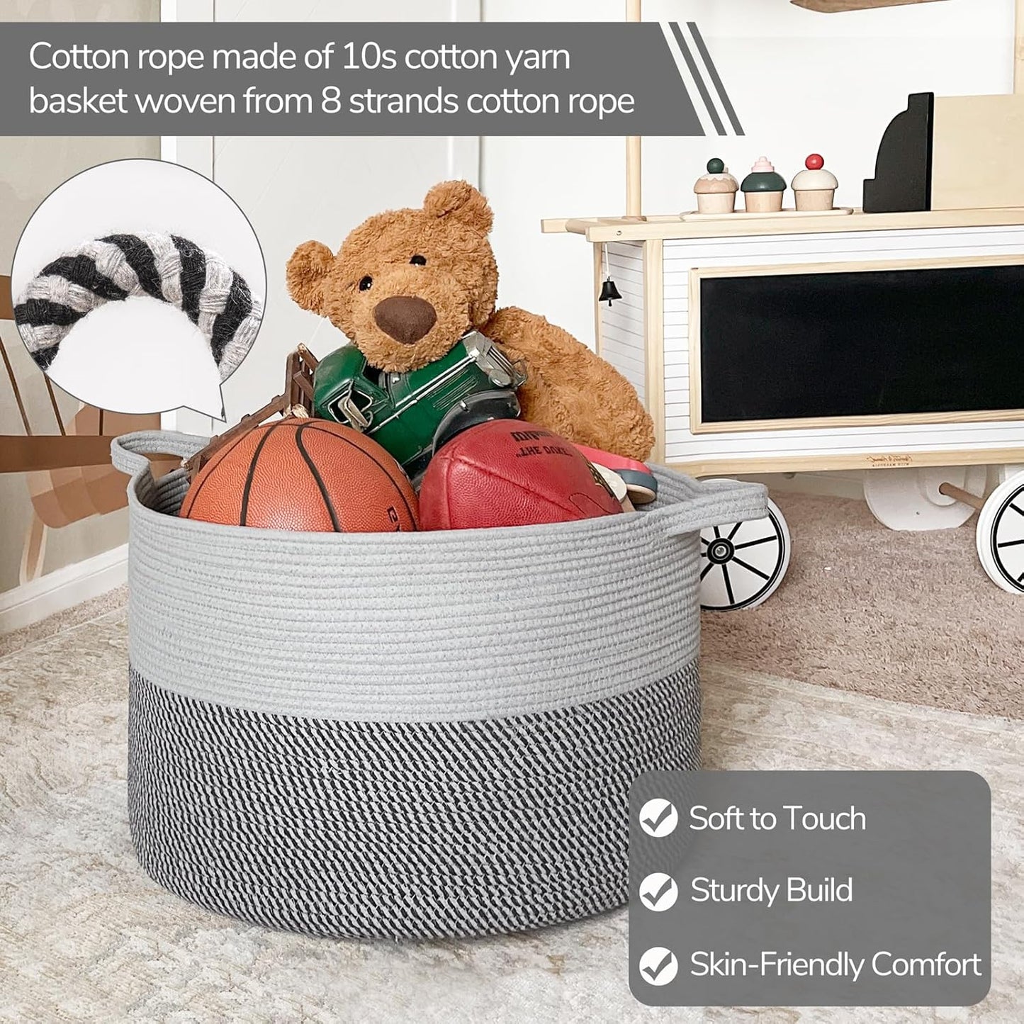 INDRESSME XXXLarge Blanket Basket for Living Room 21.7" x 21.7" x 13.8"-Storage Basket with Handle for Organizing Toy Pillows Woven Cotton Rope Laundry Basket Stuffed Animal Toy Storage for Play Room