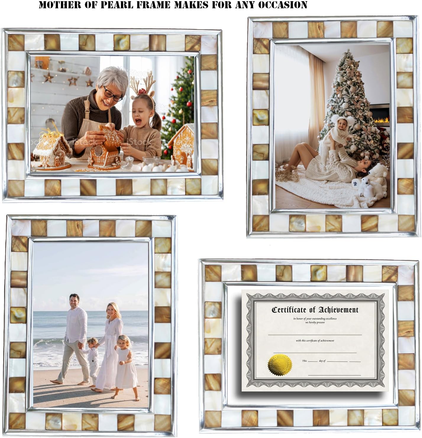Silver Plate Picture Frame 5x7 Mother of Pearl 5 by 7 Photo Frame Mosaic Glass Tabletop Frame (Grey+ White,1pc)