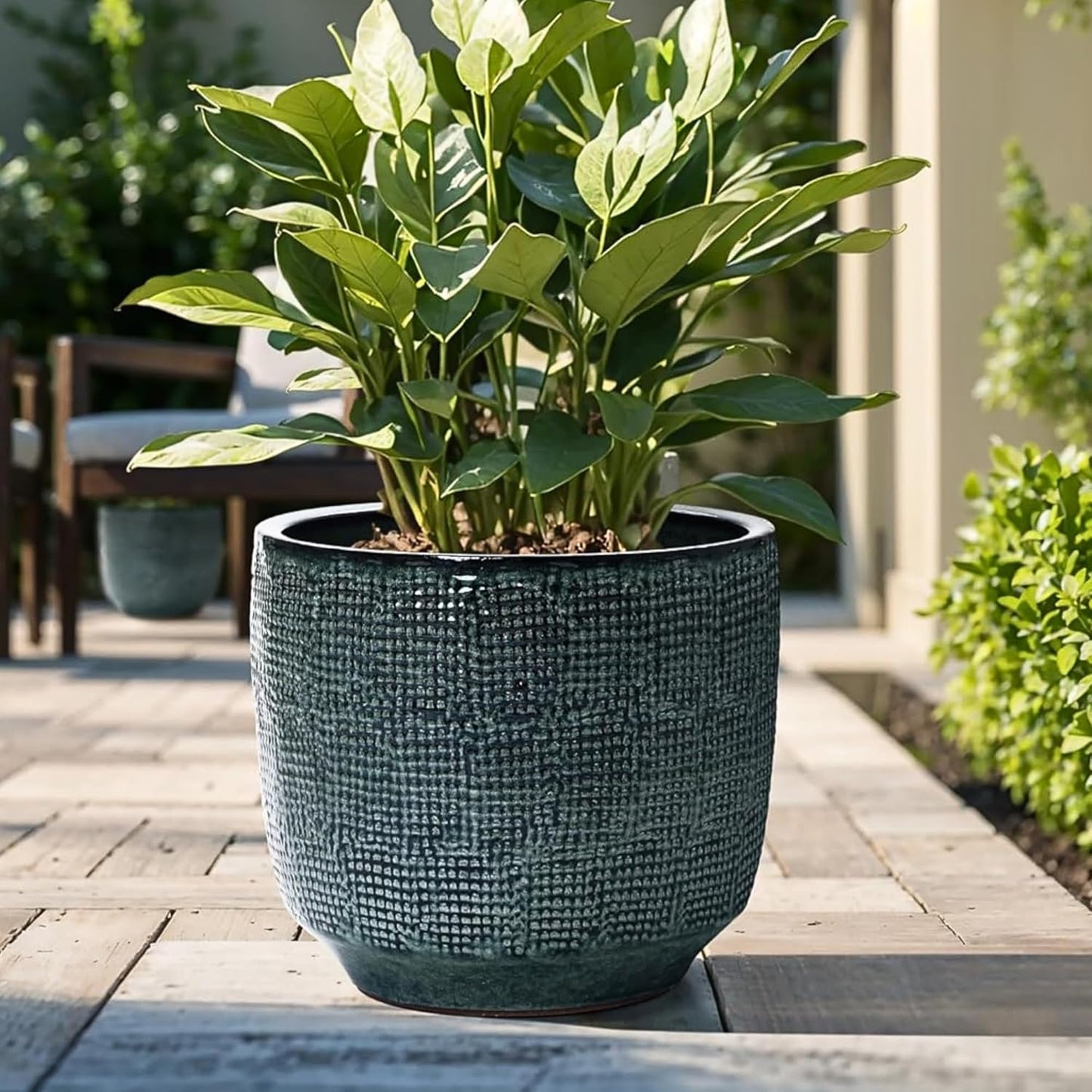 LuxenHome 15.75" Dia Large Ceramic Pots for Plants, Blue Glazed Planters for Outdoor Plants, Round Indoor Flower Pots with Drainage Hole and Rubber Plug for Home Garden Patio