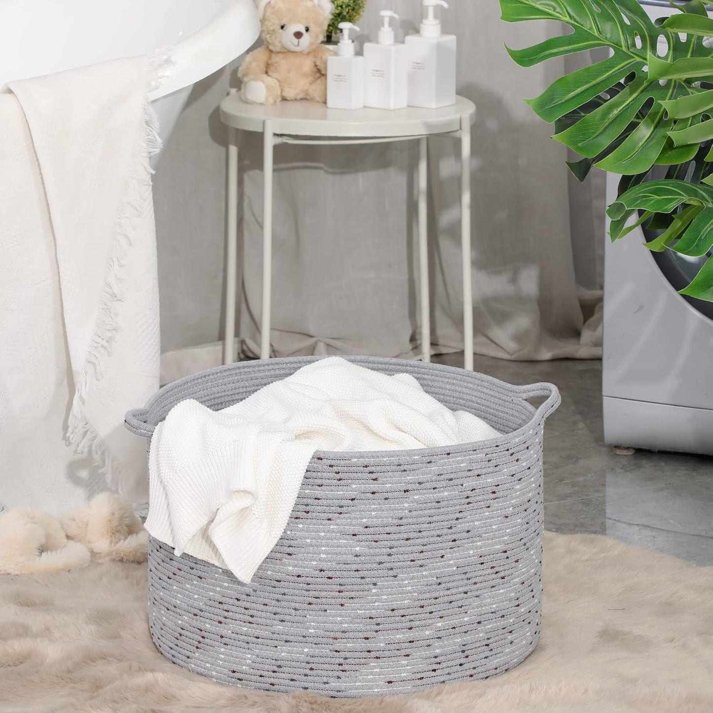 KAKAMAY Large Blanket Basket (20"x13"),Woven Baskets for storage Baby Laundry Hamper, Cotton Rope Blanket Basket for Living Room, Laundry, Nursery, Pillows, Baby Toy chest (White/Brown)