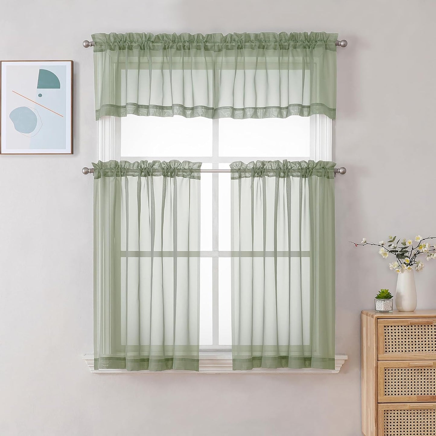 Chyhomenyc Sheer White Valances for Windows 2 Pack, Small Window Curtains for Living Room Bathroom Cafe Laundry Basement, Modern Top Dual Rod Pocket Voile Curtain, 42W x 14L inches, White - Colors A