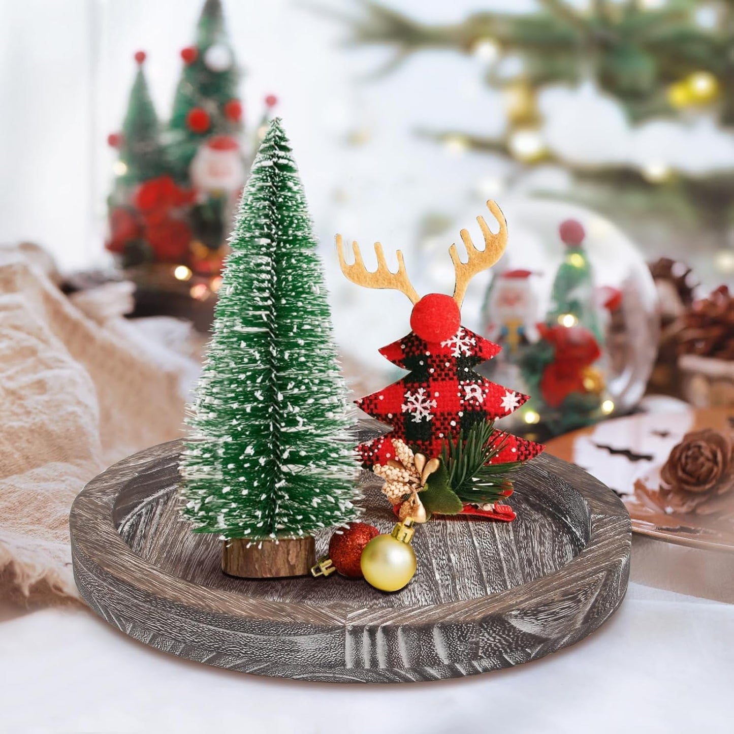 Round Decorative Tray for Coffee Dining Table Countertop Small Wooden Serving Trays Farmhouse Kitchen Home Living Room Decor and Bathroom Accessories Tray Black Rustic Wood Candle Centerpiece Trays