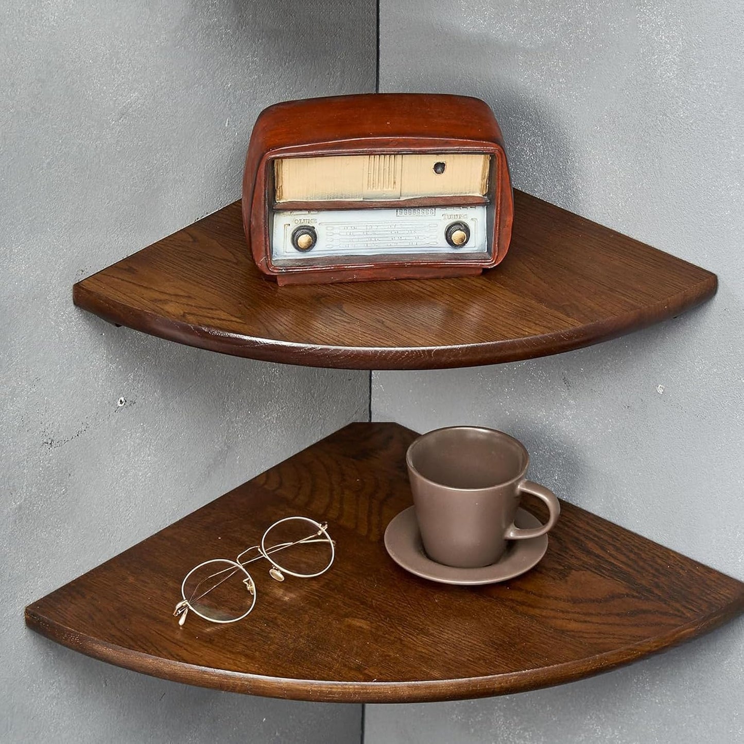 Corner Shelves, Floating Corner Shelf, Set of 2 7inch Solid Oak Wood Wall Shelves, Round End Wall Mount with Wire Hole Shelving for Small Plant for Bedroom Kitchen, Living Room