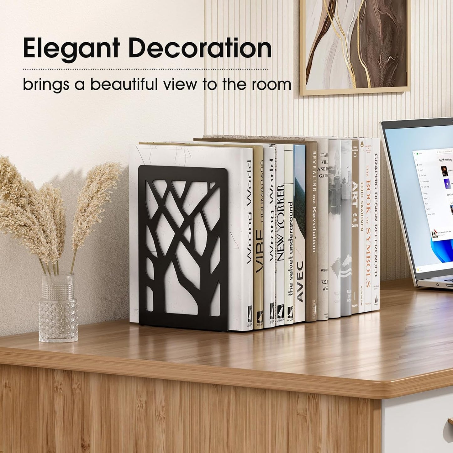 MaxGear Book Ends Tree Design Modern Bookends for Shelves, Non-Skid Bookend, Heavy Duty Metal Book Stopper for Books/DVDs, Decorative CD Holder & Video Game Organizer, 7 x 4.7 x 3.5”, Black