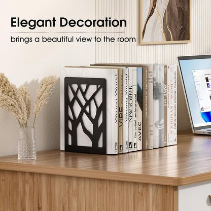 MaxGear Book Ends Tree Design Modern Bookends for Shelves, Non-Skid Bookend, Heavy Duty Metal Book Stopper for Books/DVDs, Decorative CD Holder & Video Game Organizer, 7 x 4.7 x 3.5”, Black