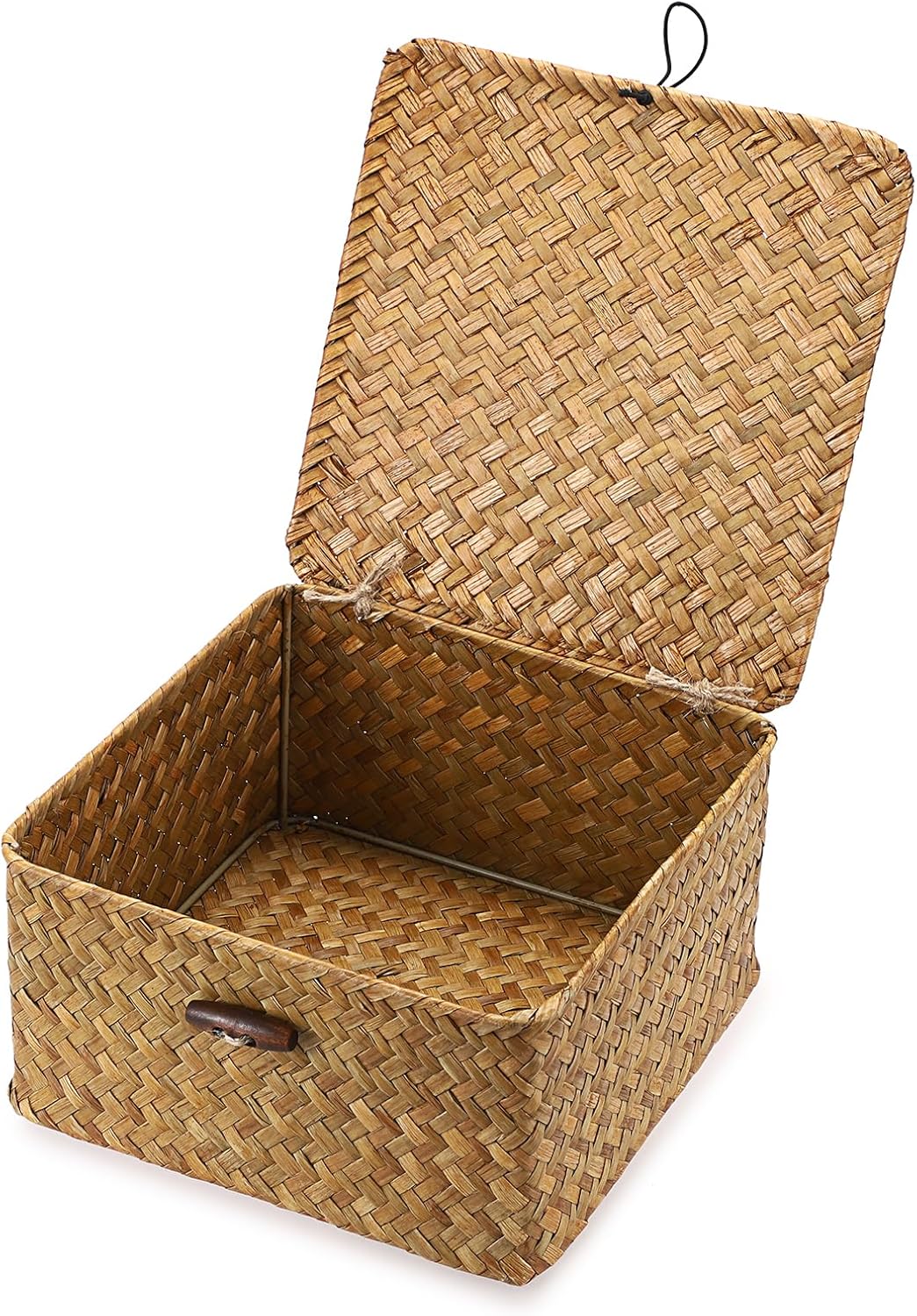 Hipiwe Seagrass Basket with Lid Wicker Storage Basket Square Handwoven Decorative Baskets Box for Shelf Multipurpose Household Baskets Home Decor,X-small