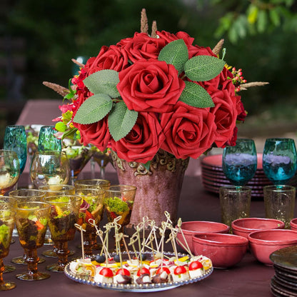 AmyHomie Artificial Flowers Dark Red Rose 25pcs Real Looking Fake Roses w/Stem for DIY Wedding Bouquets Centerpieces Arrangements Party Baby Shower Mothers Day Christmas Tree Decorations
