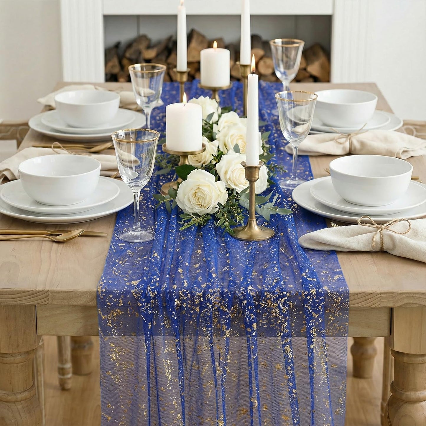 Artoid Mode Beige Gold Gauze Table Runner 120 Inch 10FT, Glitter Metallic Foil Sheer Dining Wedding Anniversary Holiday Birthday Table Decor for Home Party