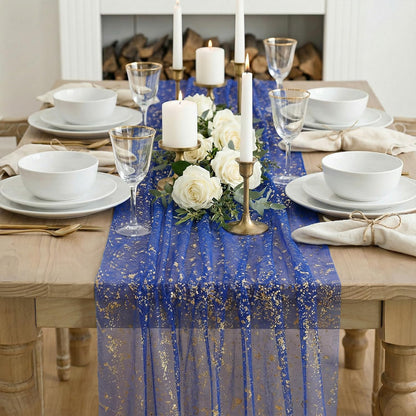 Artoid Mode Beige Gold Gauze Table Runner 120 Inch 10FT, Glitter Metallic Foil Sheer Dining Wedding Anniversary Holiday Birthday Table Decor for Home Party