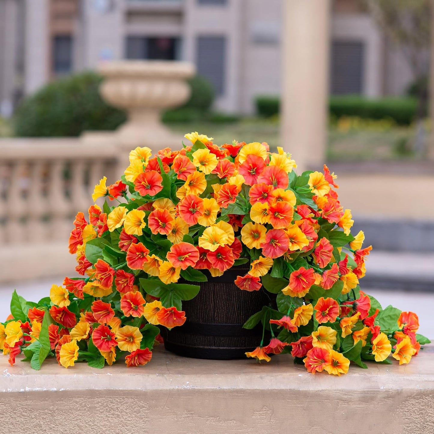 INXUGAO Artificial Flowers with Hanging Basket, Outdoor Faux Plants Silk Morning Glory Vines, Fake Green Arrangement for Garden Patio Spring Summer Decor(4pcs,Darkorchid)