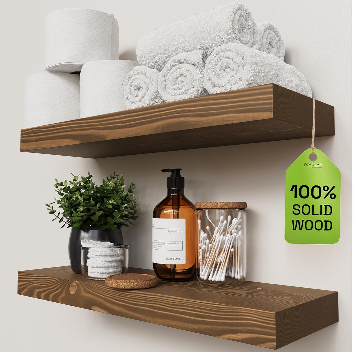BAOBAB WORKSHOP Wood Floating Shelves for Wall Mounted, 16 inch Walnut Floating Shelf for Bathroom, Solid Wooden Wall Shelves for Kitchen Bedroom Farmhouse, Walnut Finish, 16 x 6.7, Set of 2