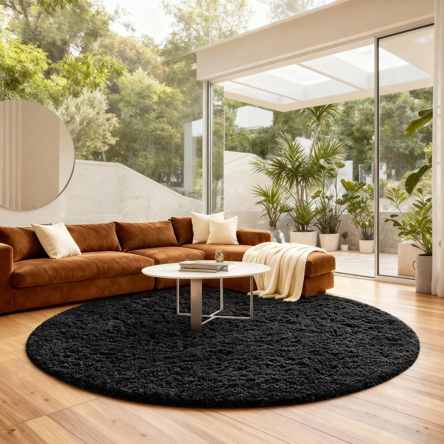 Ophanie Round Rugs 5Ft Ivory Circle Area Rug, Nursery Room Decor, Christmas Aesthetic Bedroom Home Circular Carpet 5 Foot, Fluffy Fuzzy Shag Plush Cream Living Room Rugs for Kids Boys Girls Teen Baby