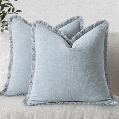 MIULEE Decorative Throw Pillow Covers Neutral Linen Fringe Throw Pillows Set of 2 Natural Beige Boho Farmhouse Cushion Covers with Tassels for Couch Sofa Bed Spring Home Decor 20x20 Inch